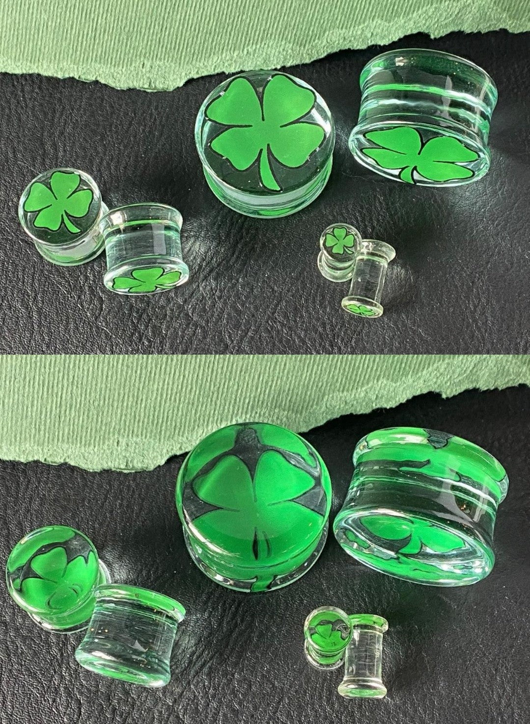PAIR Green Shamrock Clover Glass Double Flare Plugs Gauges Tunnels Body Jewelry