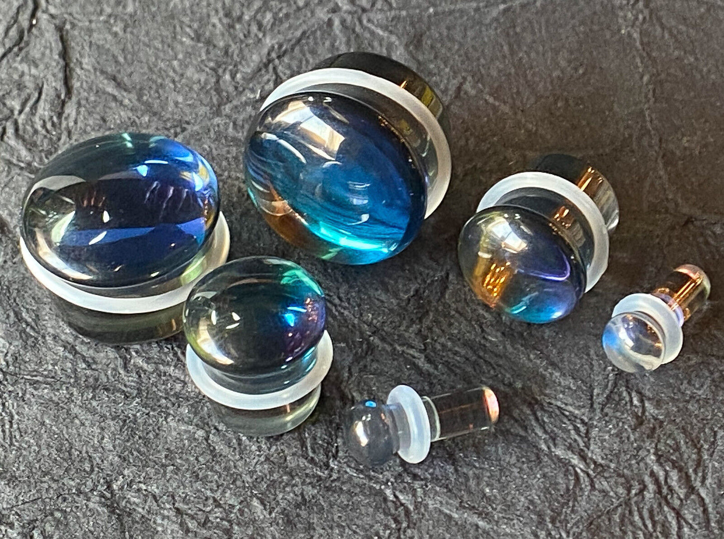 PAIR of Midnight Moonstone Glass Single Flare Plugs Tunnels Gauges Piercing Body Jewelry