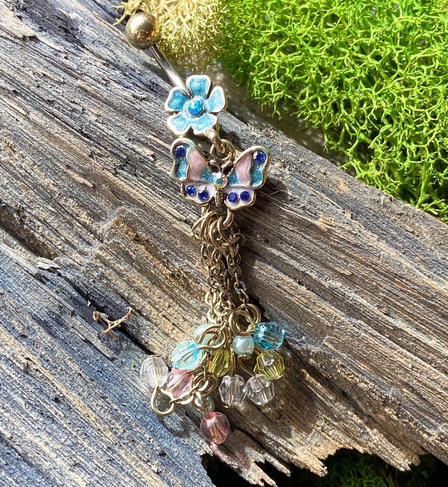 Vintage Flower & Butterfly Bead Dangle Belly Ring Pierced Navel Naval Jewelry