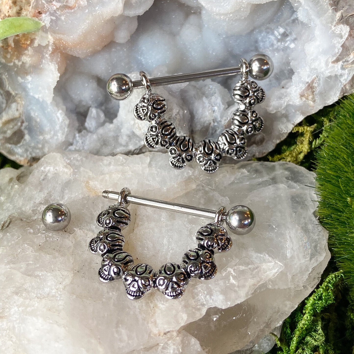 PAIR of "Lucky 7" Skulls Nipple Shields Rings Pierced Body Piercing Jewelry