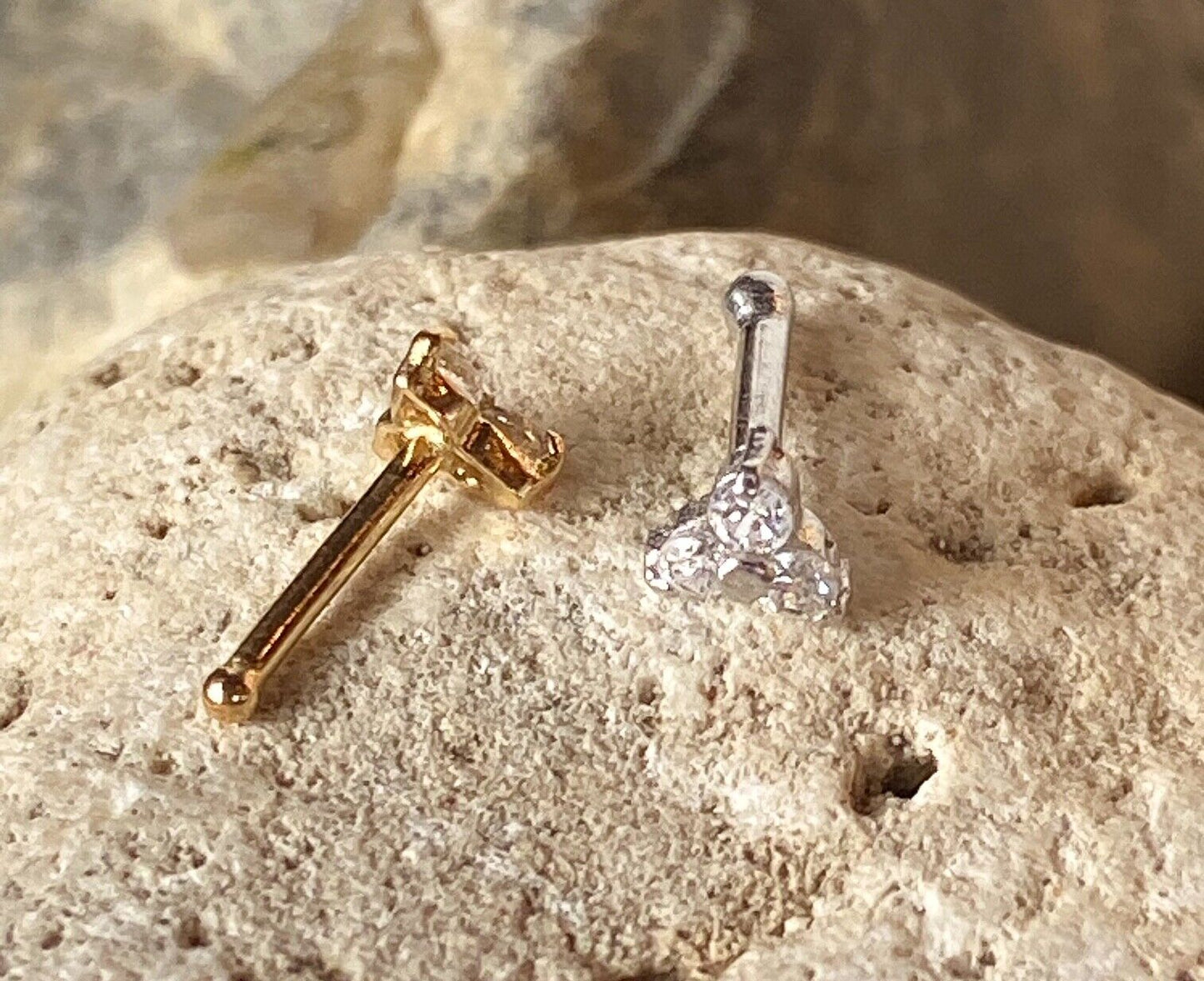 14kt Solid Gold Trinity Nose Ring w/ CZ Gems 18g 20g  gauge Stud Bone Screw