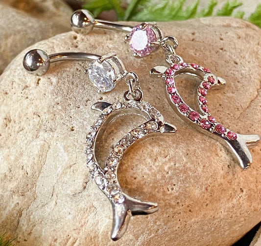 1pc Dolphin Dangle Paved CZ Gems Belly Ring Navel Pierced Piercing Naval