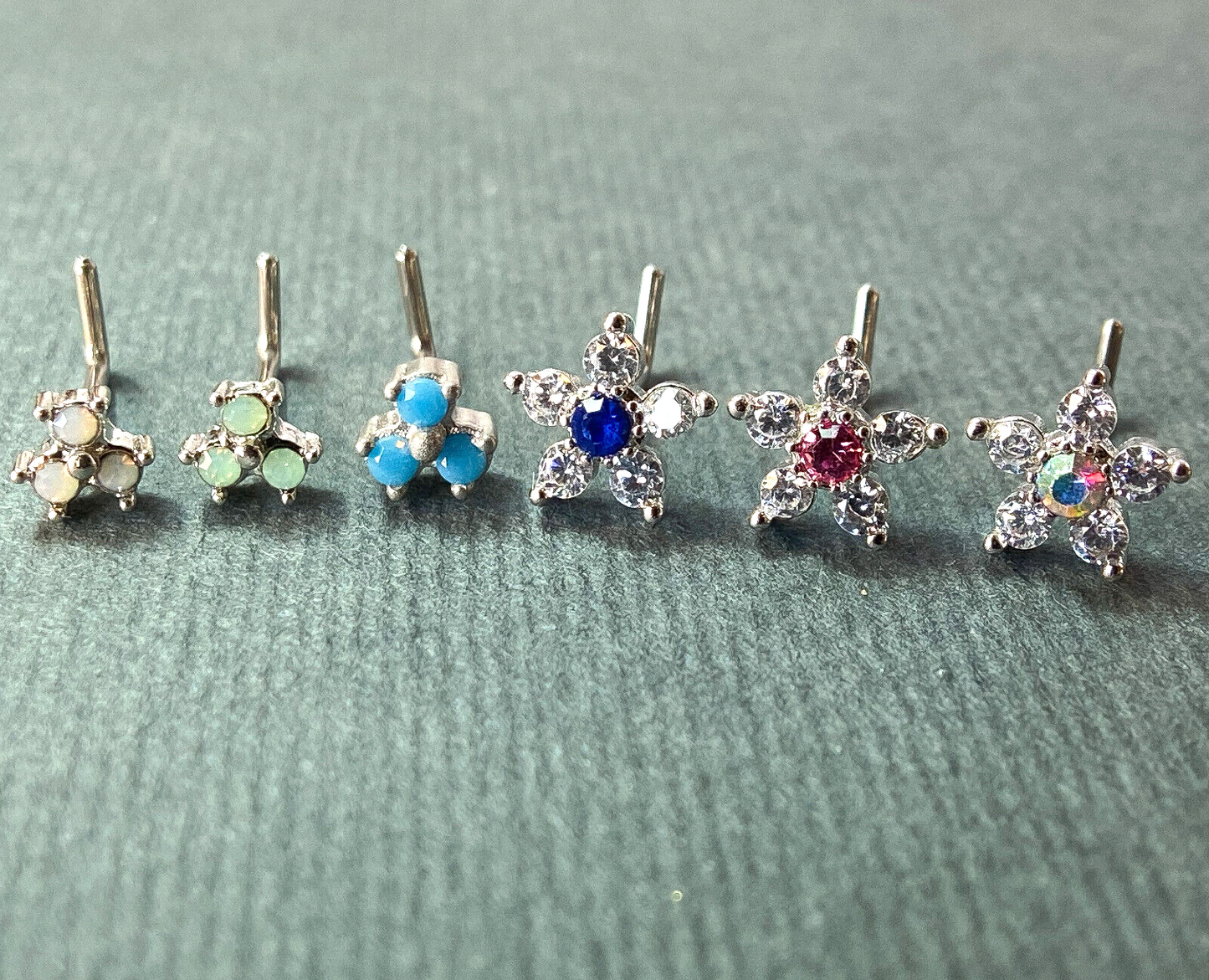 6pc Box Set CZ Gem Flower & Opalite Triangle 20g Steel L-Bend Nose Rings