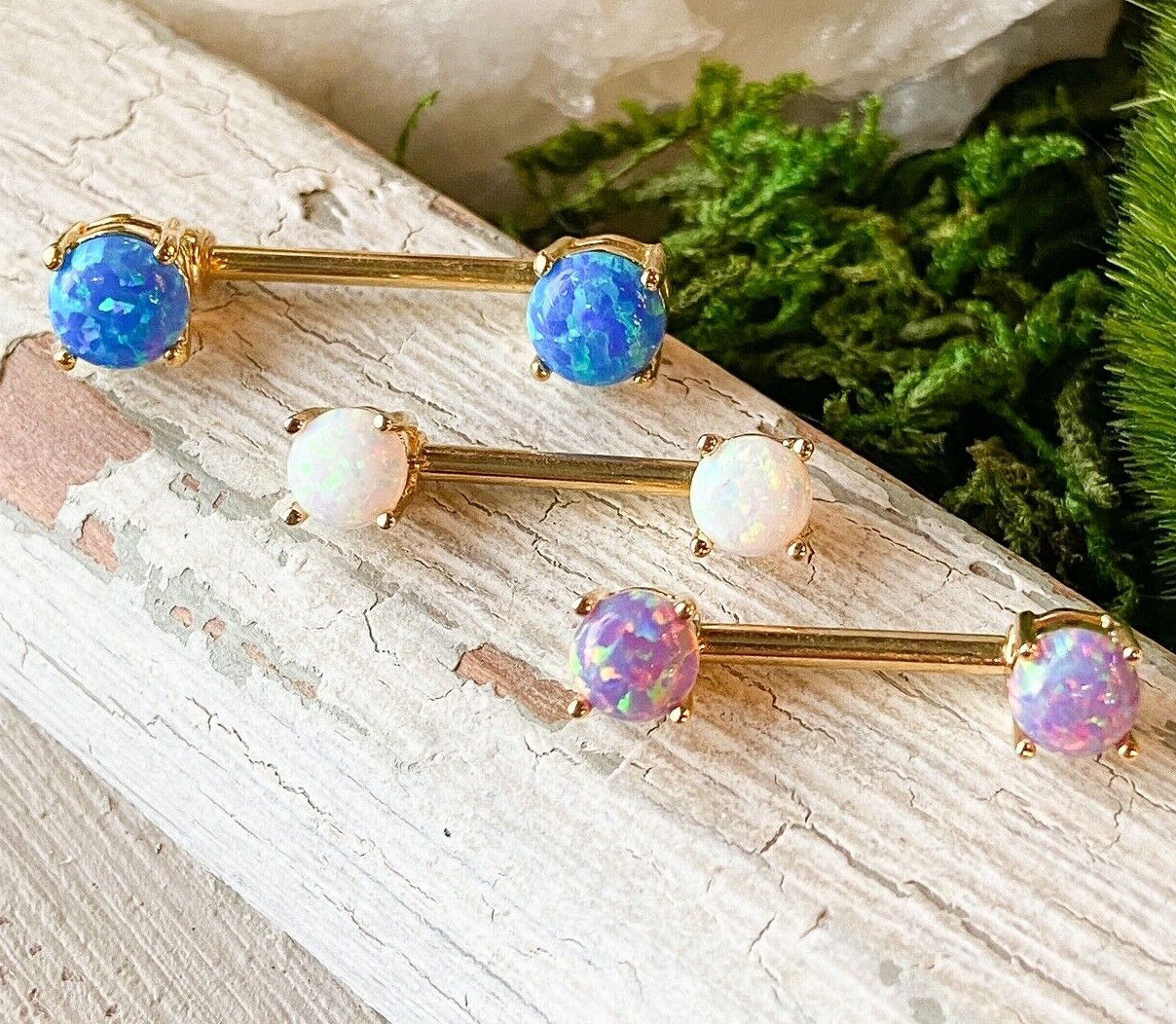 PAIR Synthetic Opal Nipple Rings Shields Barbells Pierced Body Piercing Jewelry