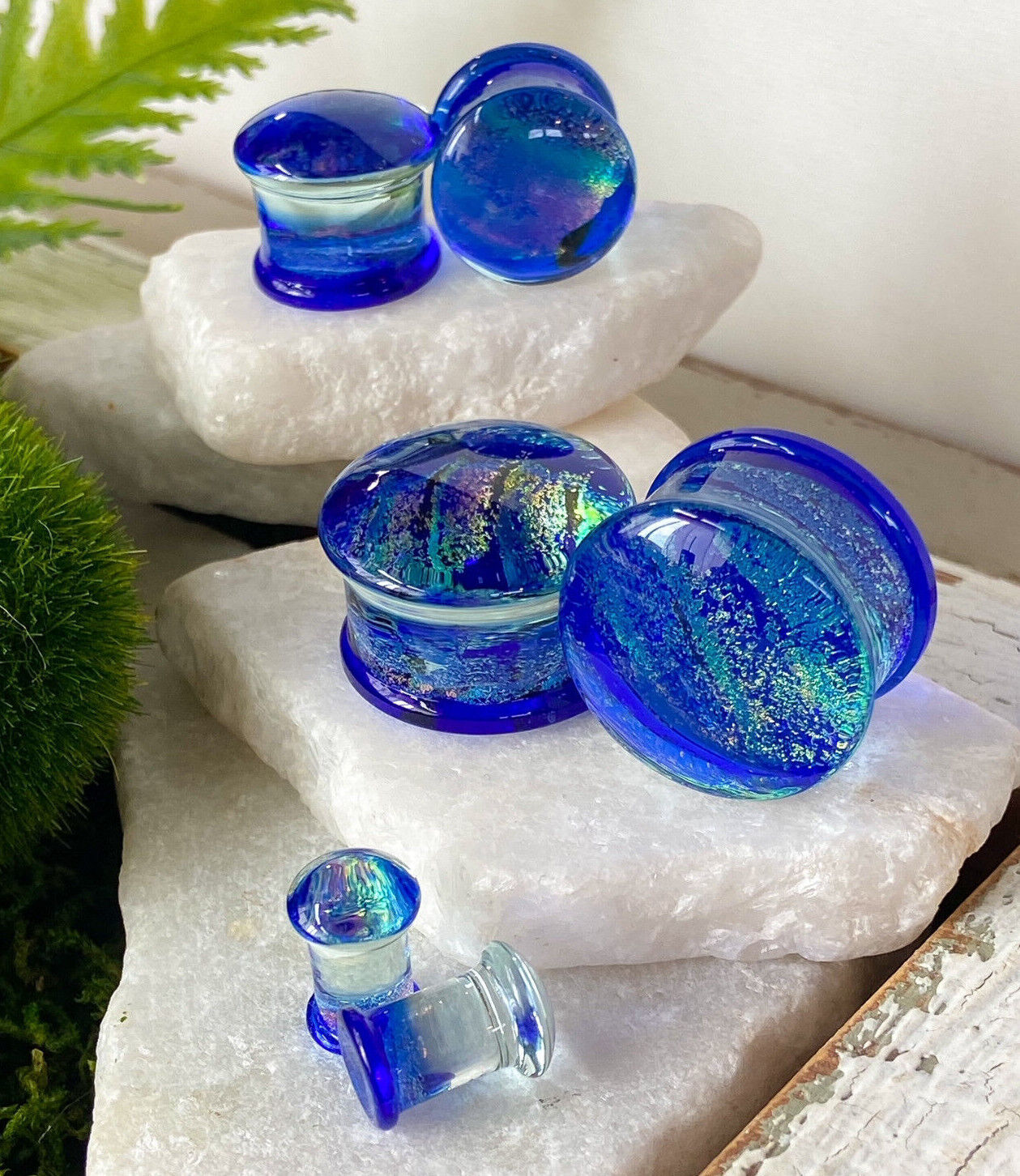 PAIR Blue & Purple Crackle Glass Plugs Double Flare Gauges Tunnels Body Jewelry