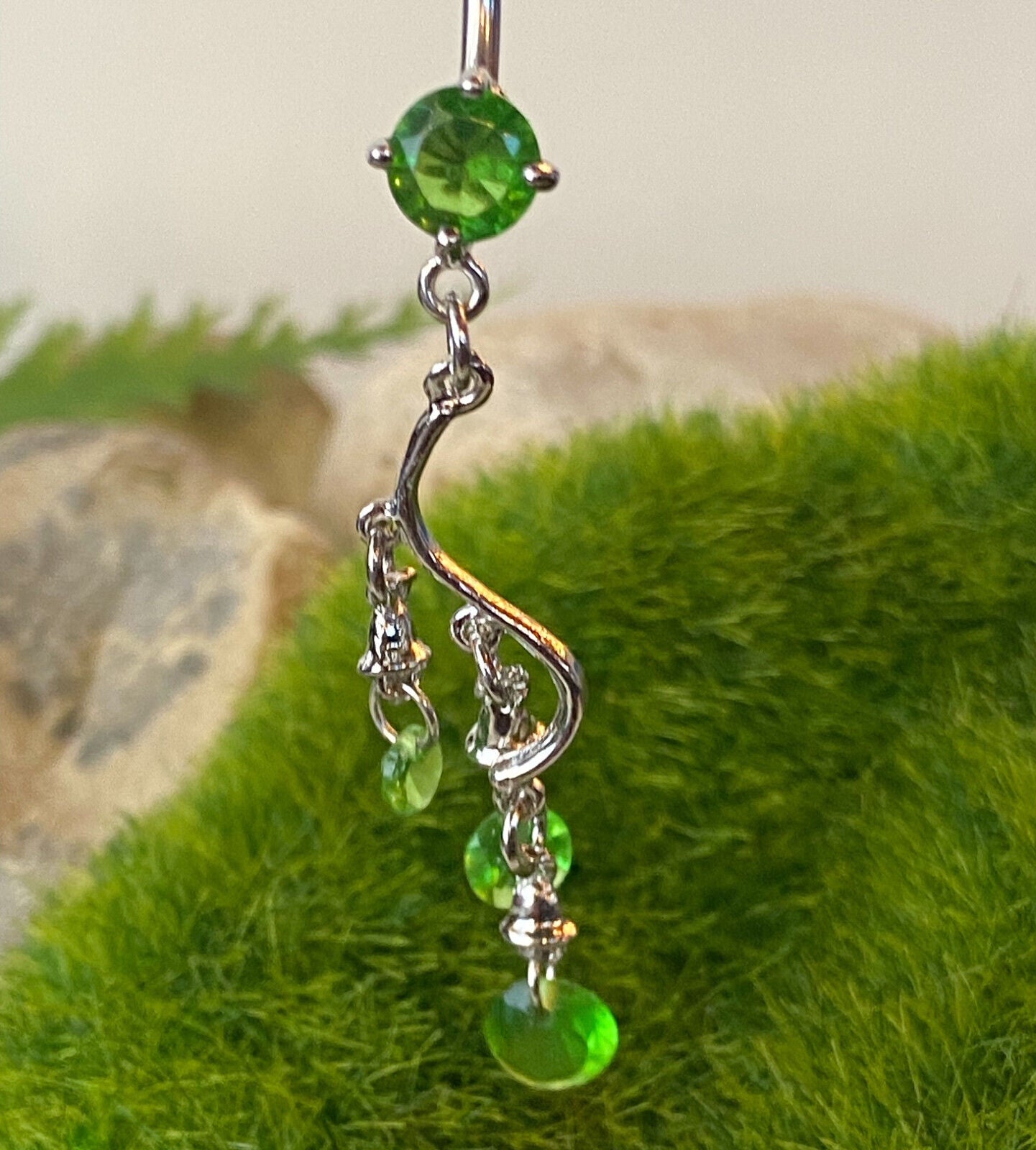 3-Tier Bell Dangle CZ Gem Belly Ring Navel Naval Pink, Green