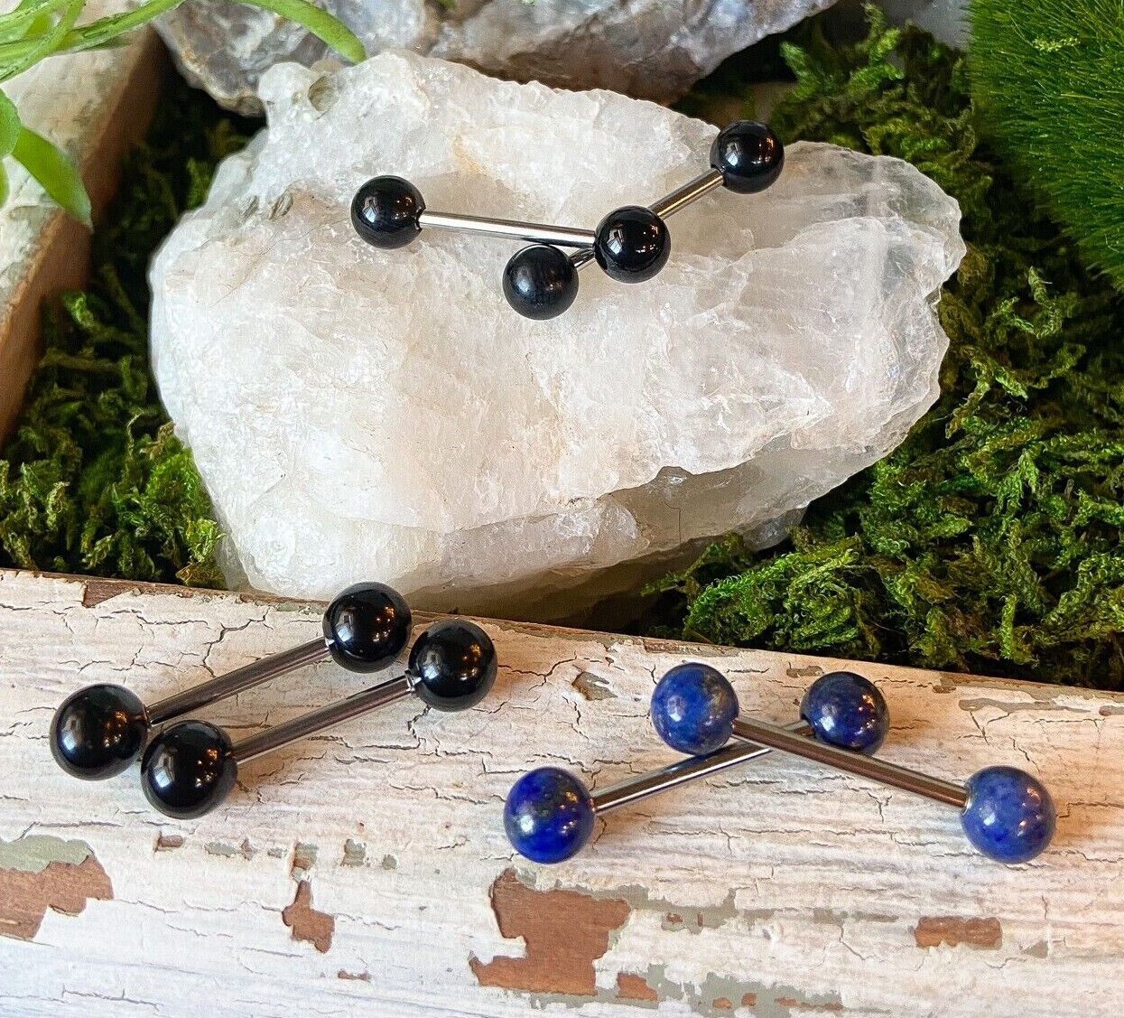 PAIR Natural Stone Nipple or Tongue Rings 14g Barbells 316L Steel Body Jewelry - Available Only In Black Agate