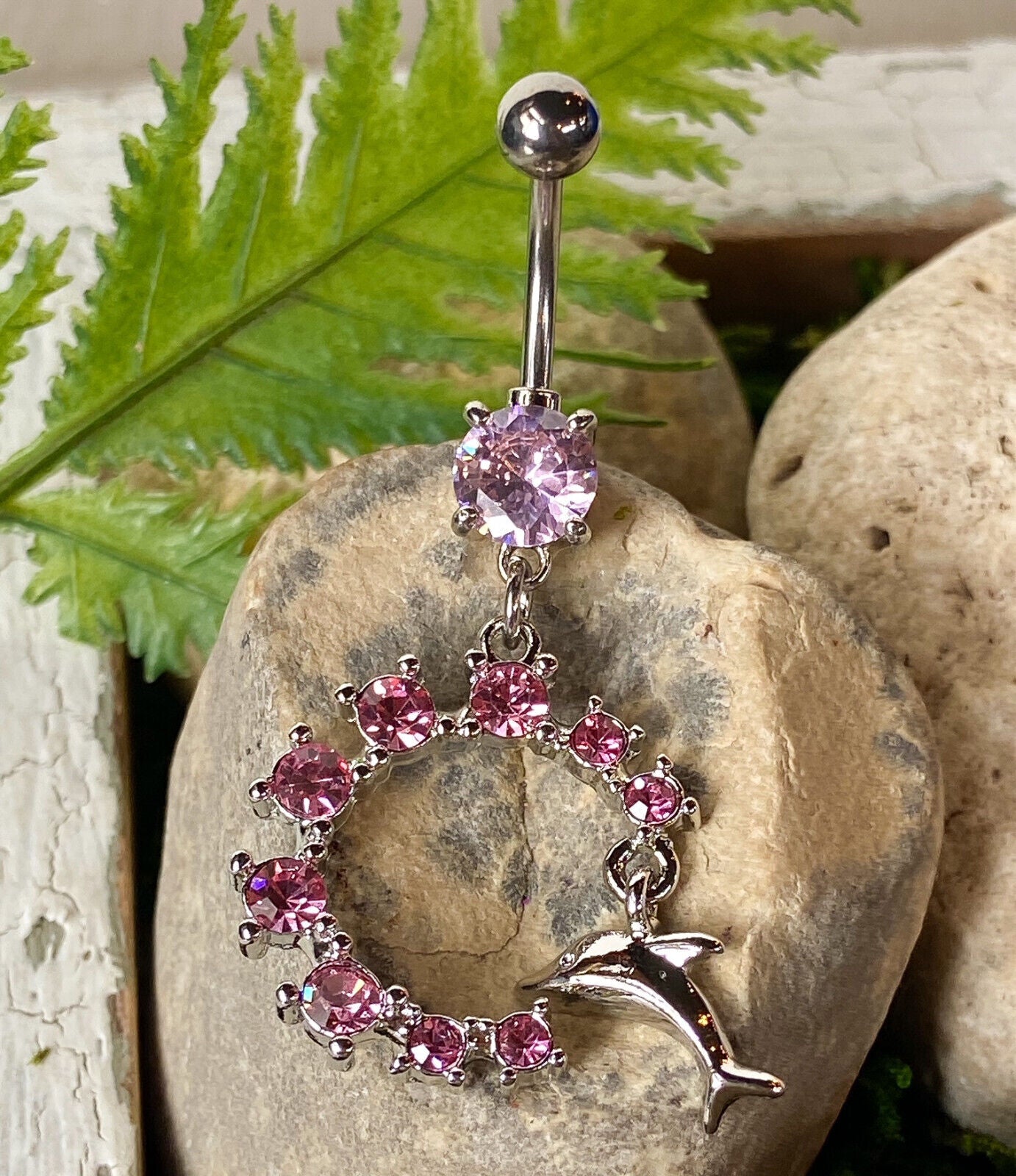 Dolphin Dangle Semi Circle CZ Gem Belly Ring Navel Naval Semi-Circle