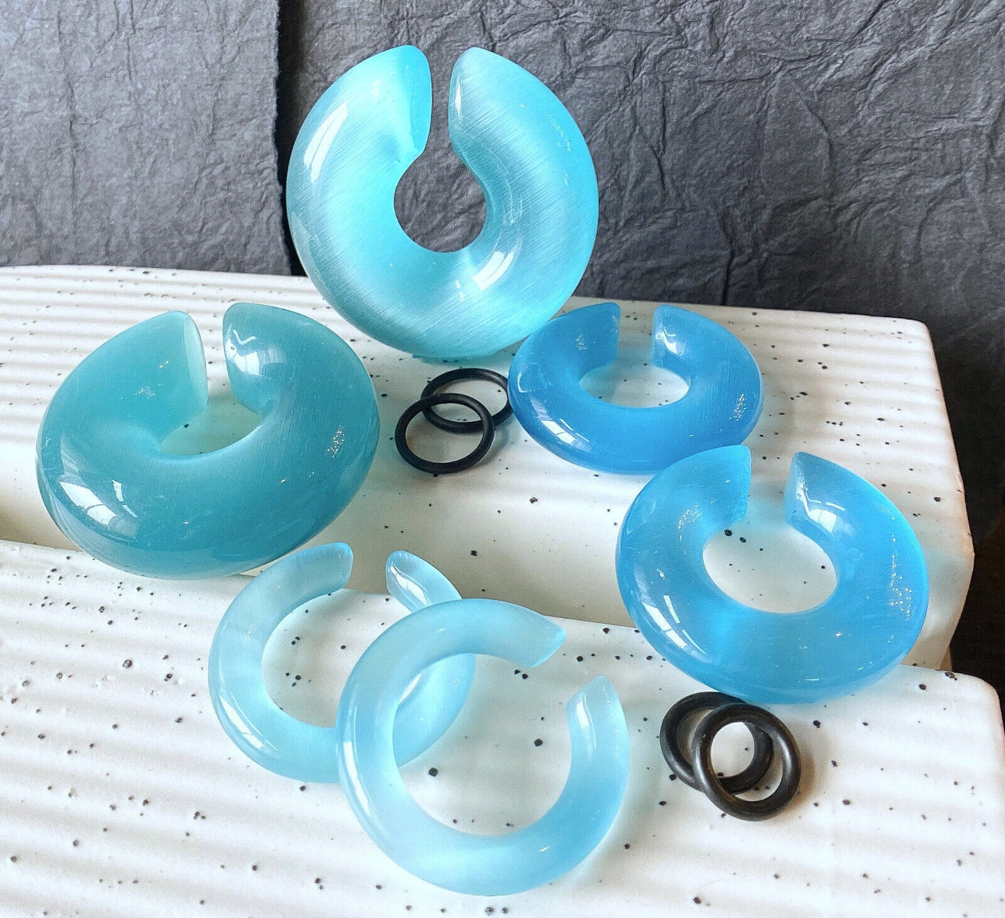PAIR Light Blue Cat Eye Stone Hoop Taper Hanger Ear Weight Plug Gauge Tunnel