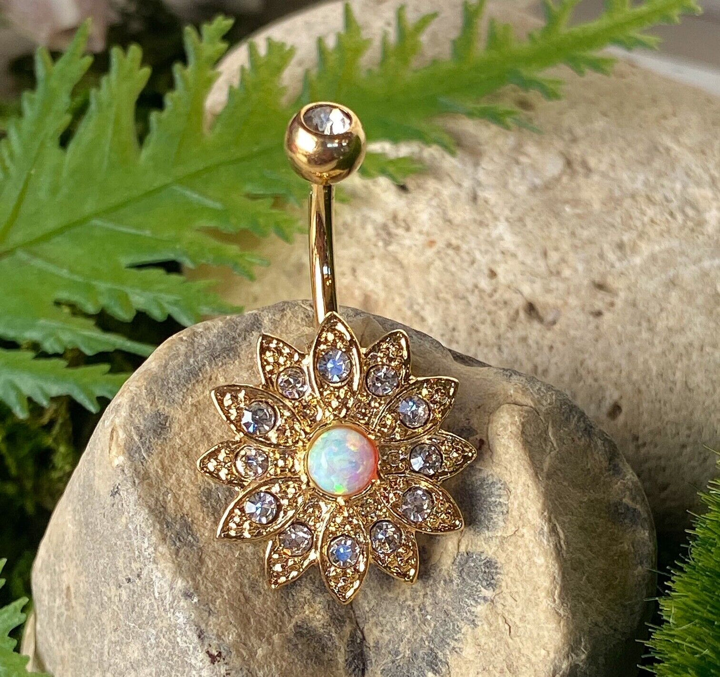 Paved Gems Flower Opal Belly Button Ring Pierced Navel IP 14kt Gold, Rose Gold