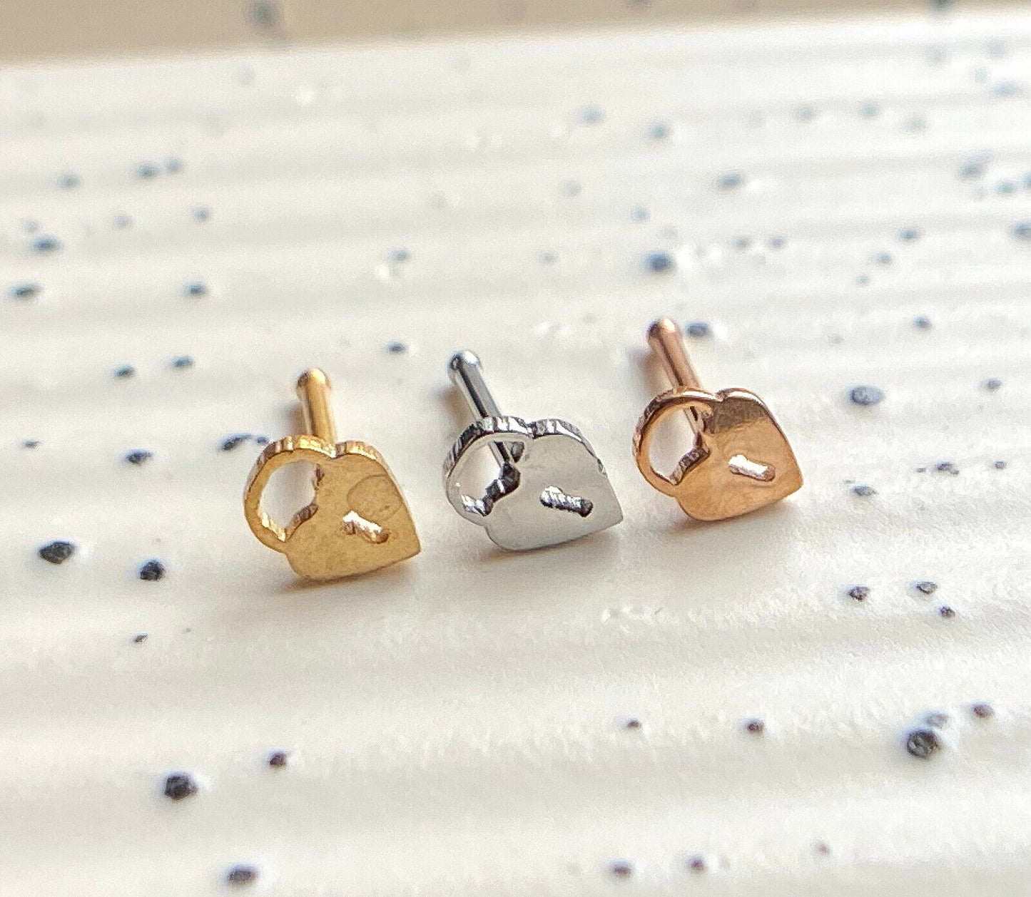 3pcs Heart Padlock Style Nose Rings Studs Bones 316L Surgical Steel Ion Plated