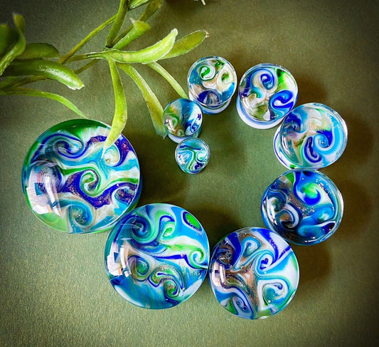 PAIR Green & Blue Swirl Design Pyrex Glass Plugs Gauge Body Ear Piercing Jewelry