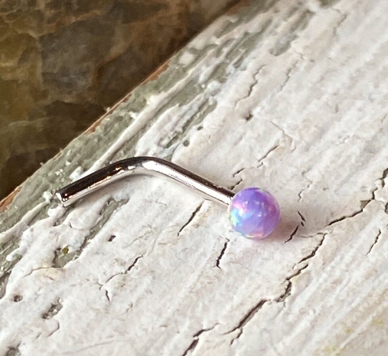 1pc 14kt White Gold 20g Opal Ball L-Bend Nose Ring Nostril Piercing Stud Screw