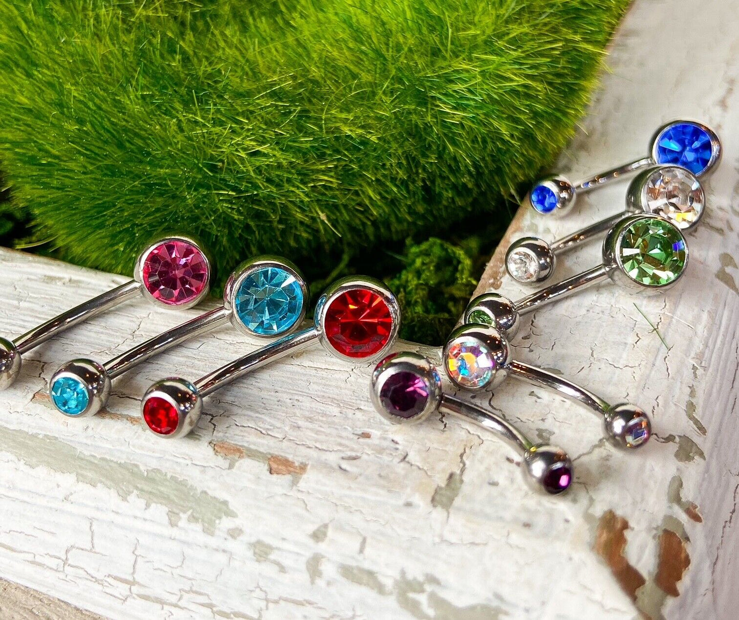 Solid Titanium Double CZ Gem Ball Belly Ring Pierced Navel Naval