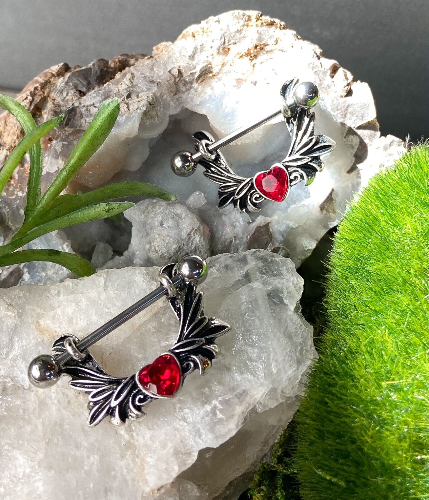 PAIR Crystal Heart Angel Wings Nipple Rings Shields 14g 14 gauge Body Jewelry