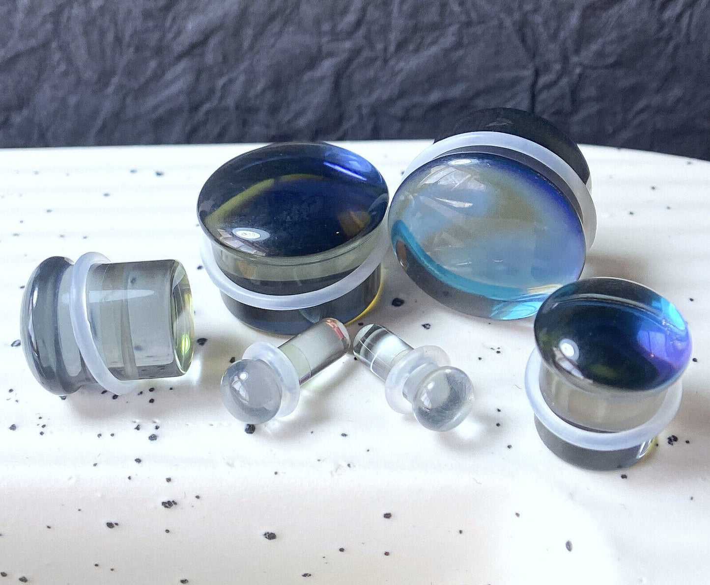 PAIR of Midnight Moonstone Glass Single Flare Plugs Tunnels Gauges Piercing Body Jewelry