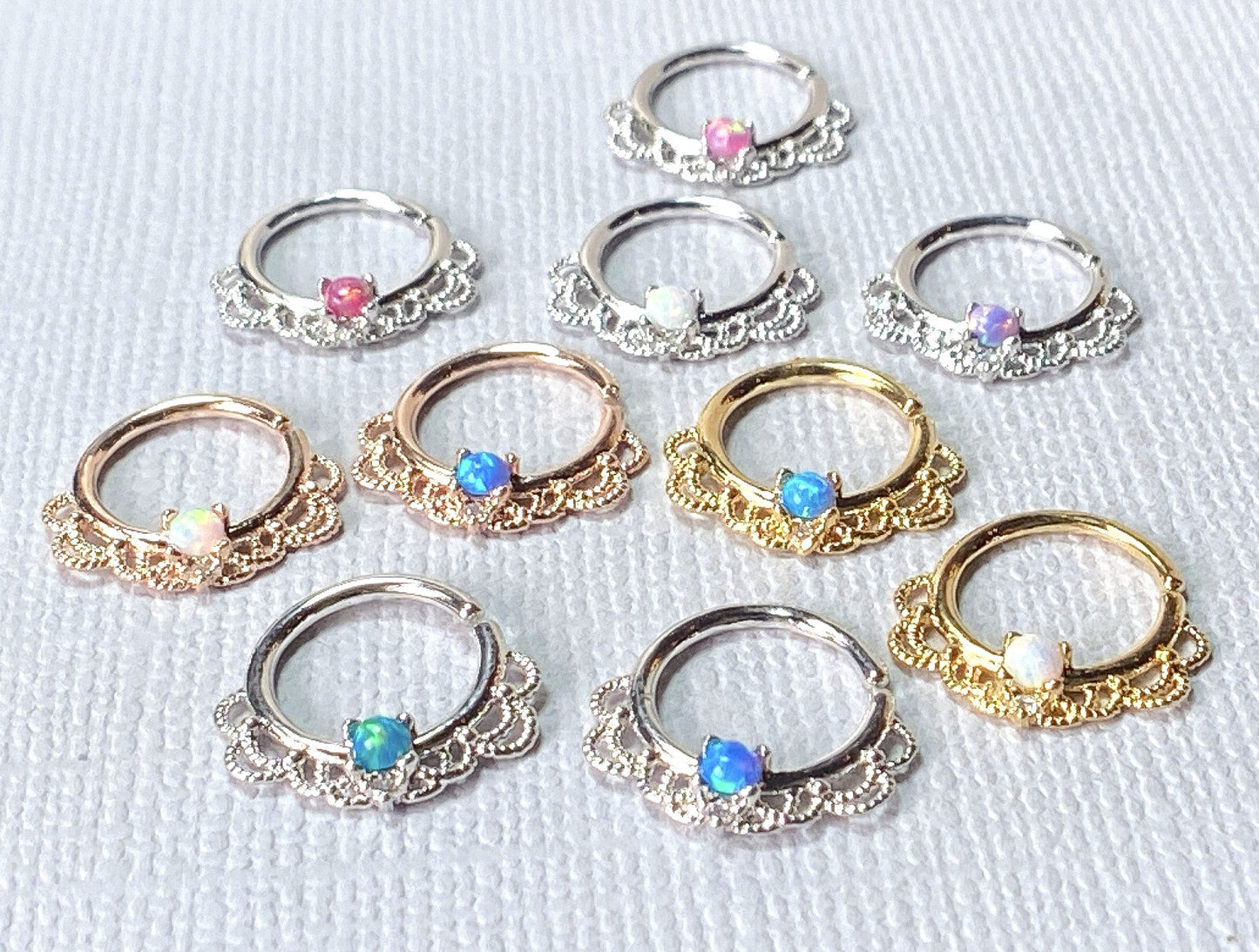 1pc Opal Filigree Hoop Ring for Nose Septum Daith Rook Tragus Ear Cartilage