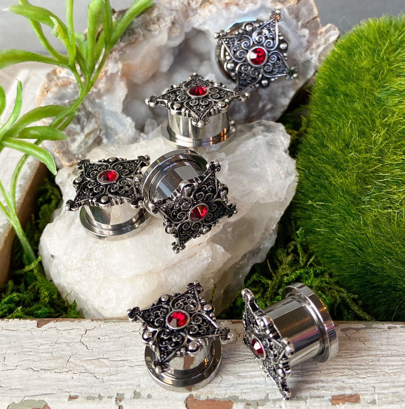 PAIR Heart Filigree w/ Red Gem Steel Screw Fit Tunnels Ear Plugs Earlets Gauges