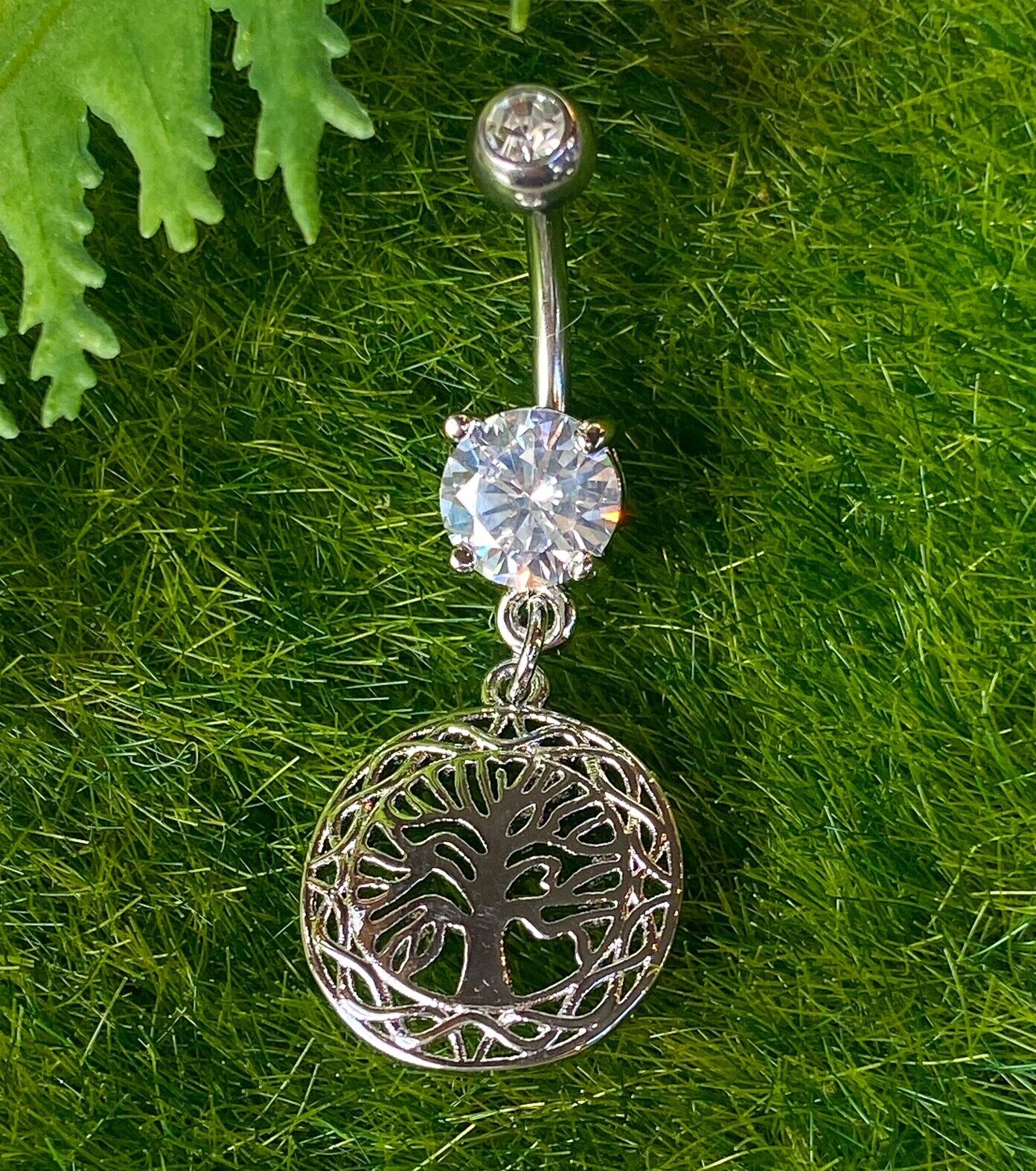 1pc Tree of Life Dangle w/Round CZ Pierced Belly Navel Naval Ring