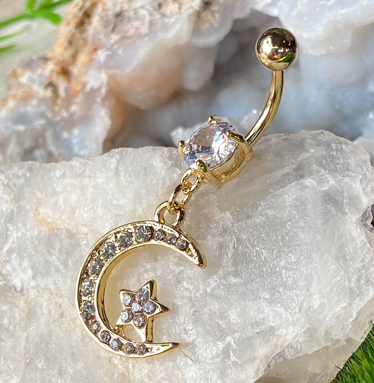 Gold Moon CZ Clear Gem Dangle Belly Ring Navel Piercing Pierced Naval Jewelry