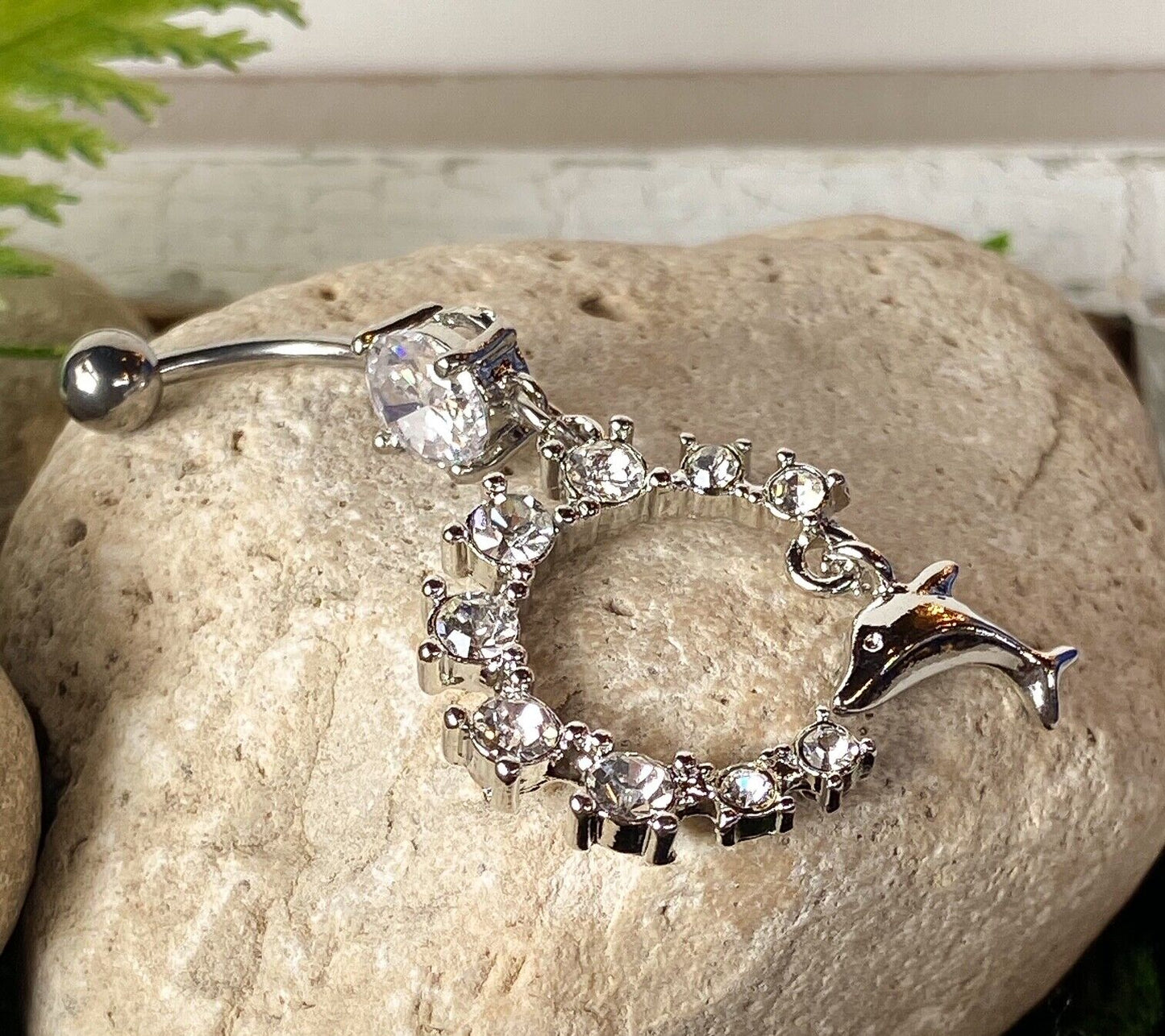Dolphin Dangle Semi Circle CZ Gem Belly Ring Navel Naval Semi-Circle