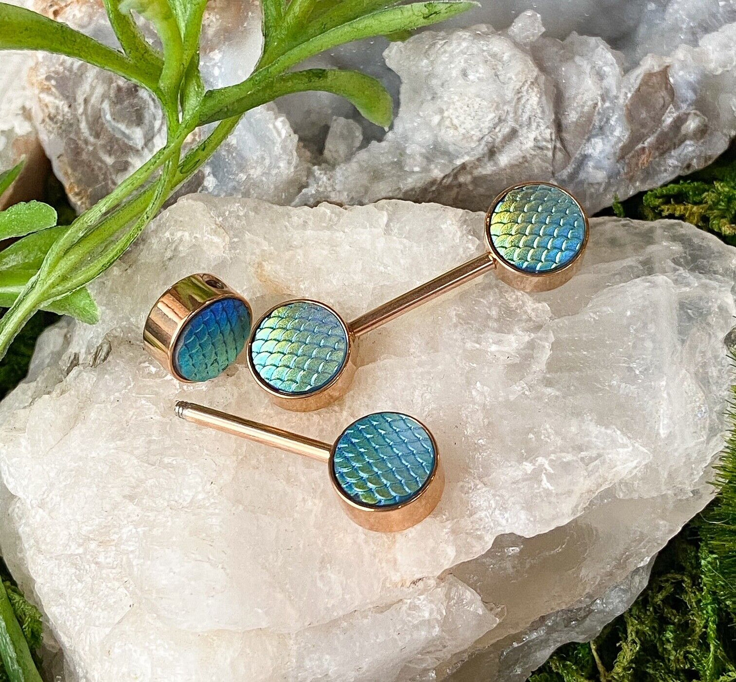 PAIR Holographic Dragon Scale Ends Nipple Rings Barbells Shields Body Jewelry