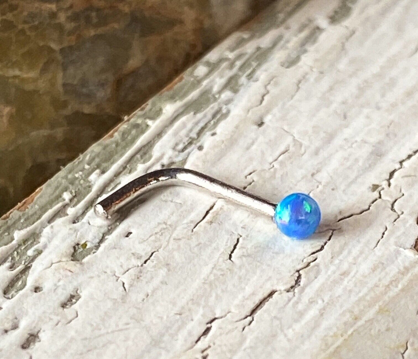 1pc 14kt White Gold 20g Opal Ball L-Bend Nose Ring Nostril Piercing Stud Screw