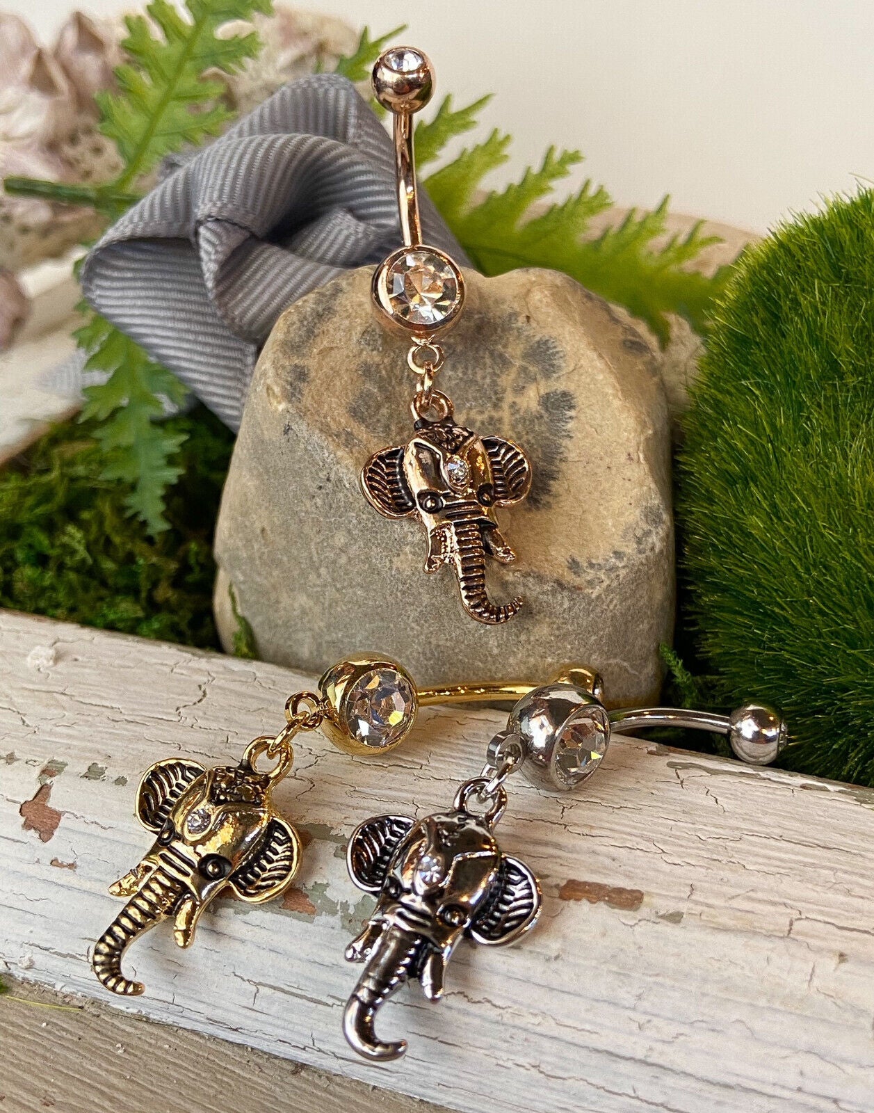 1pc Elephant Dangle Double CZ Gem Belly Ring Pierced Navel Naval