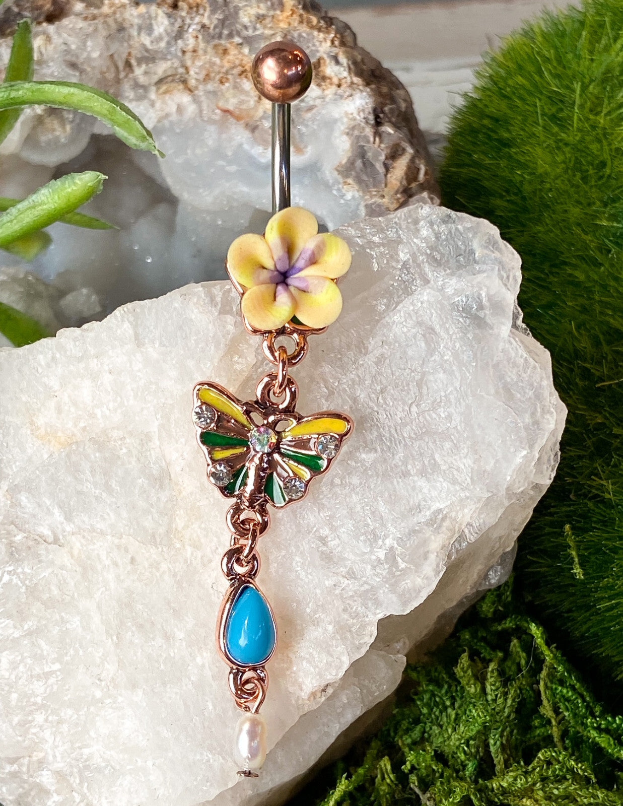 1pc Fimo Flower Vintage Belly Ring w/ Butterfly Dangle Navel Naval Body Jewelry