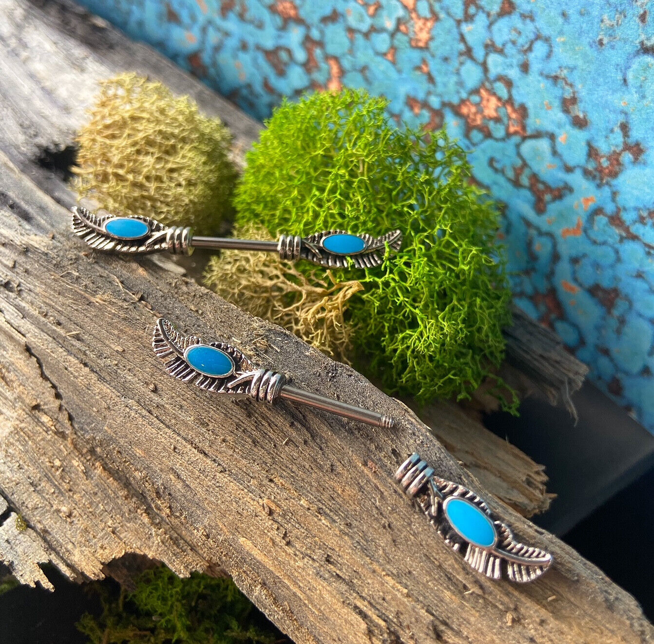 PAIR Nipple Rings Tribal Feather Turquoise Enamel Shields Piercing Body Jewelry