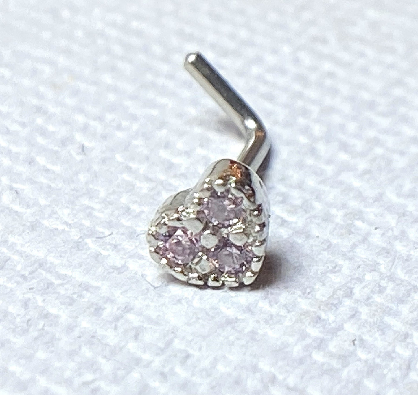1pc CZ Gem Paved Heart L-Bend 20g Nose Ring Stud Screw 316L Surgical Steel