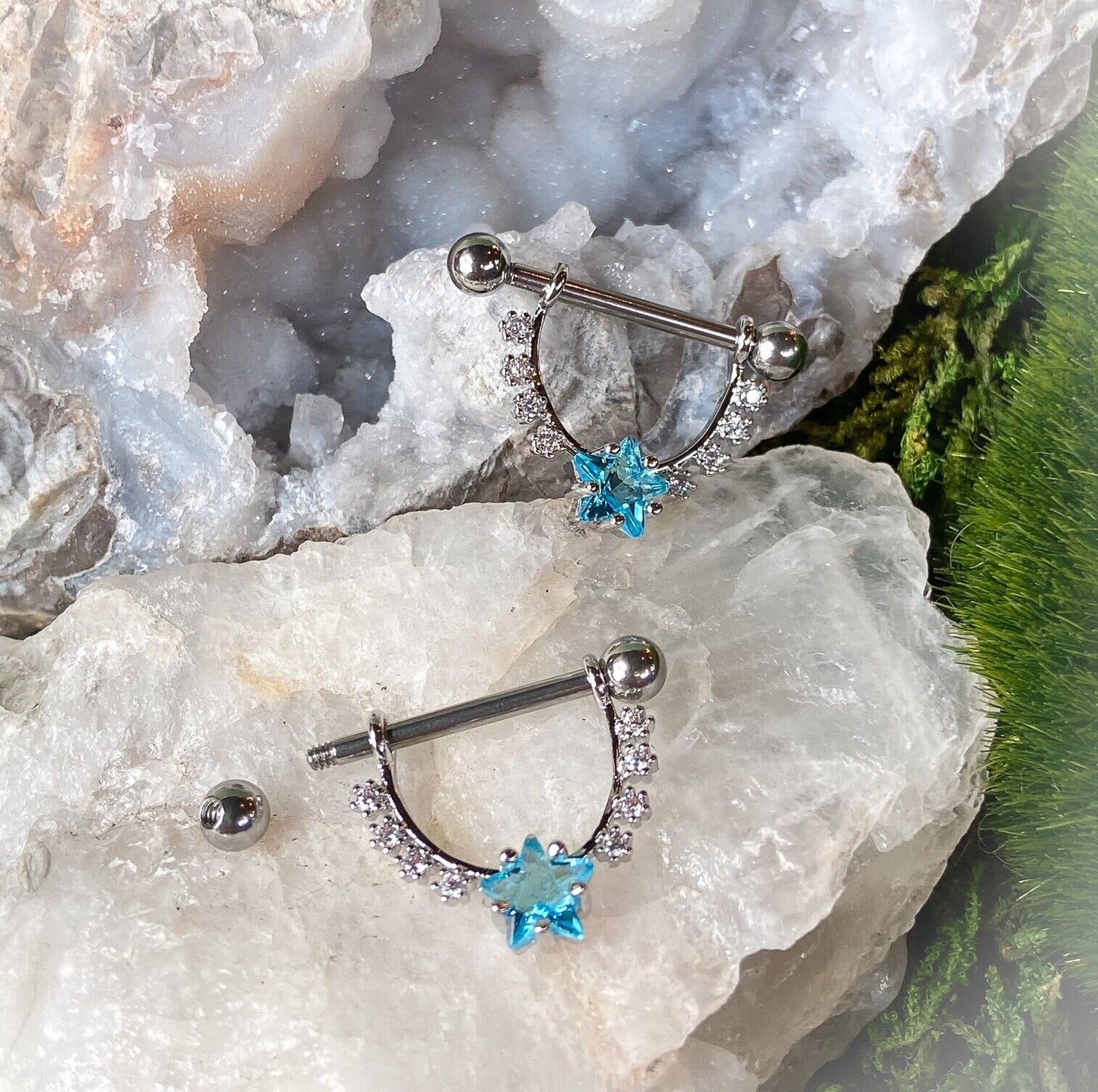 PAIR CZ Gem Star Center Dangle Nipple Ring Shields Pierced Body Piercing Jewelry