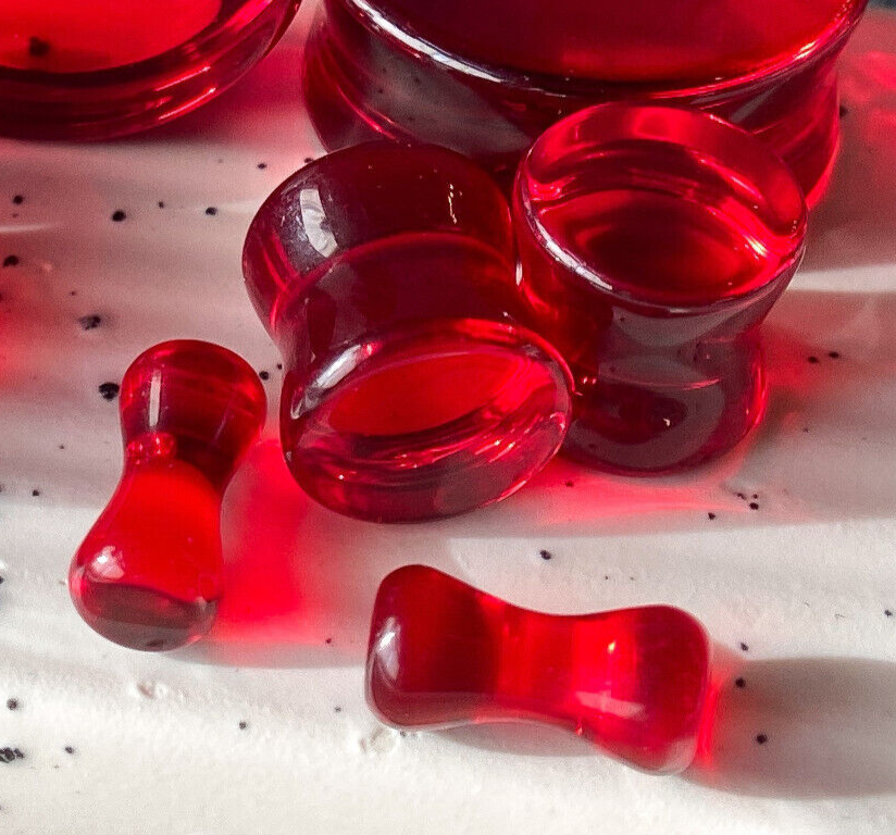 PAIR Red Glass Double Flare Plugs Gauges Tunnels Earlets Body Piercing Jewelry