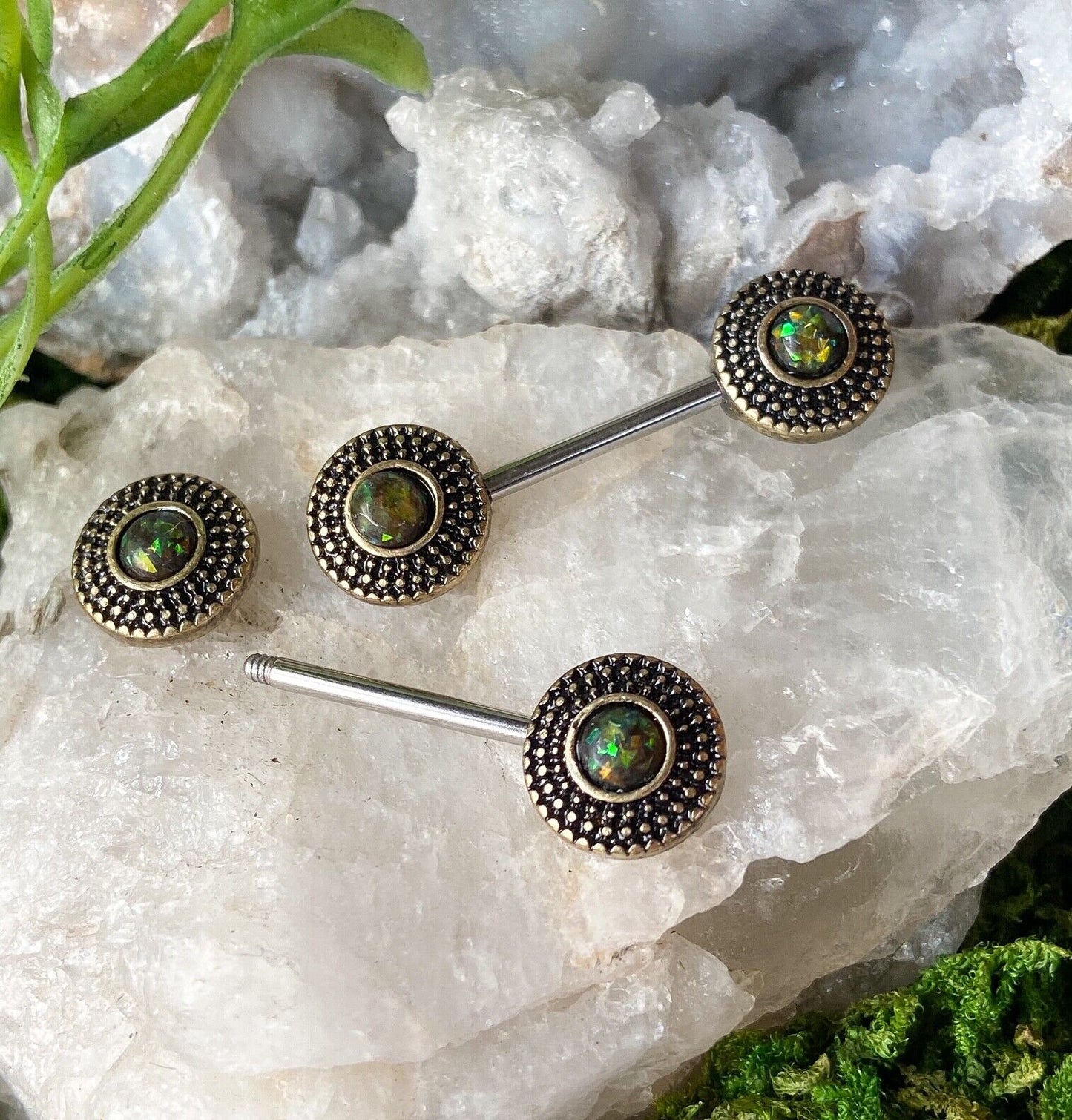 PAIR Opal Glitter Center Tribal Shield Nipple Rings Shield Barbells 14g 14 gauge