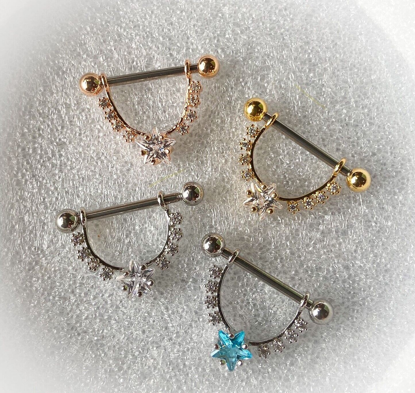 PAIR CZ Gem Star Center Dangle Nipple Ring Shields Pierced Body Piercing Jewelry