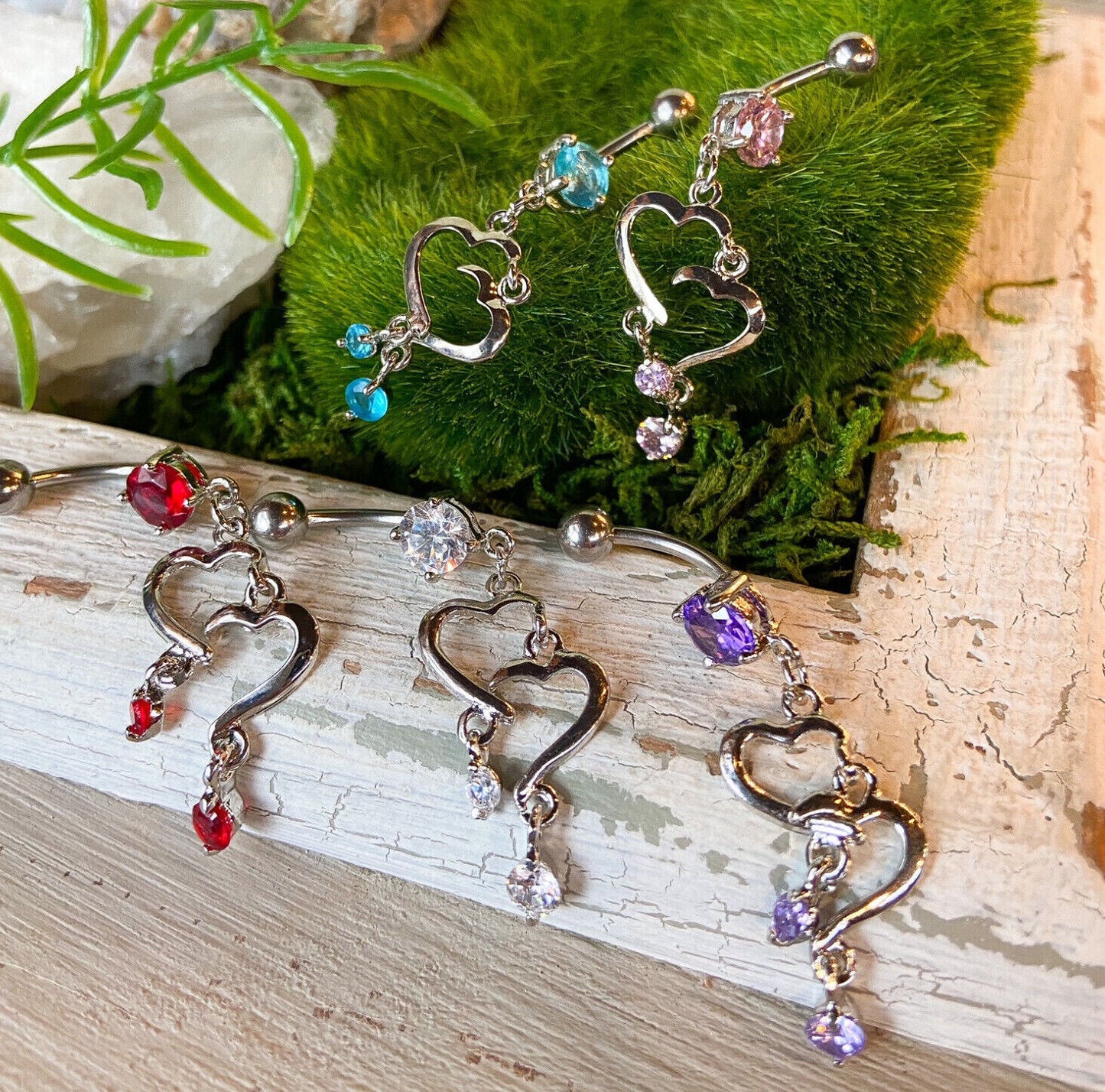 1pc Double Heart CZ Gem Belly Ring Navel Piercing Pierced Naval Body Jewelry