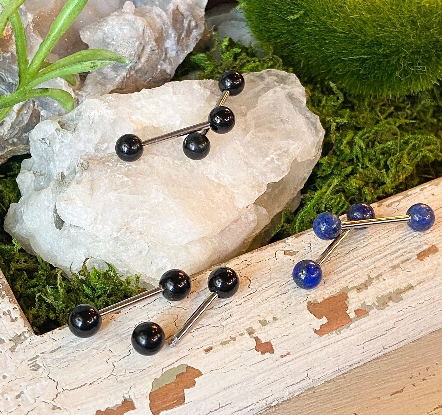 PAIR Natural Stone Nipple or Tongue Rings 14g Barbells 316L Steel Body Jewelry - Available Only In Black Agate