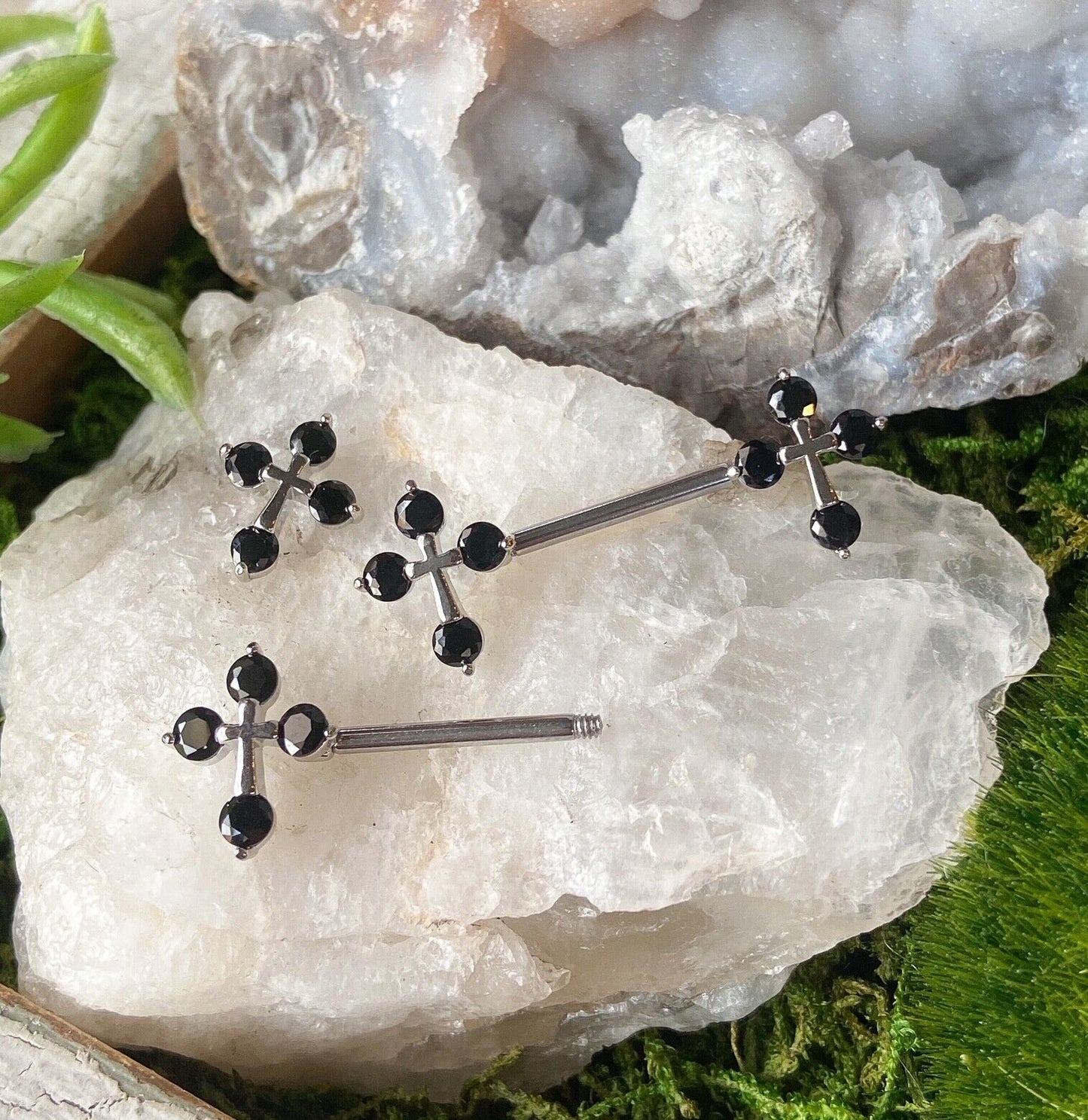 PAIR CZ Gem Cross Ends Nipple Rings Barbells Shields Body Piercing Jewelry