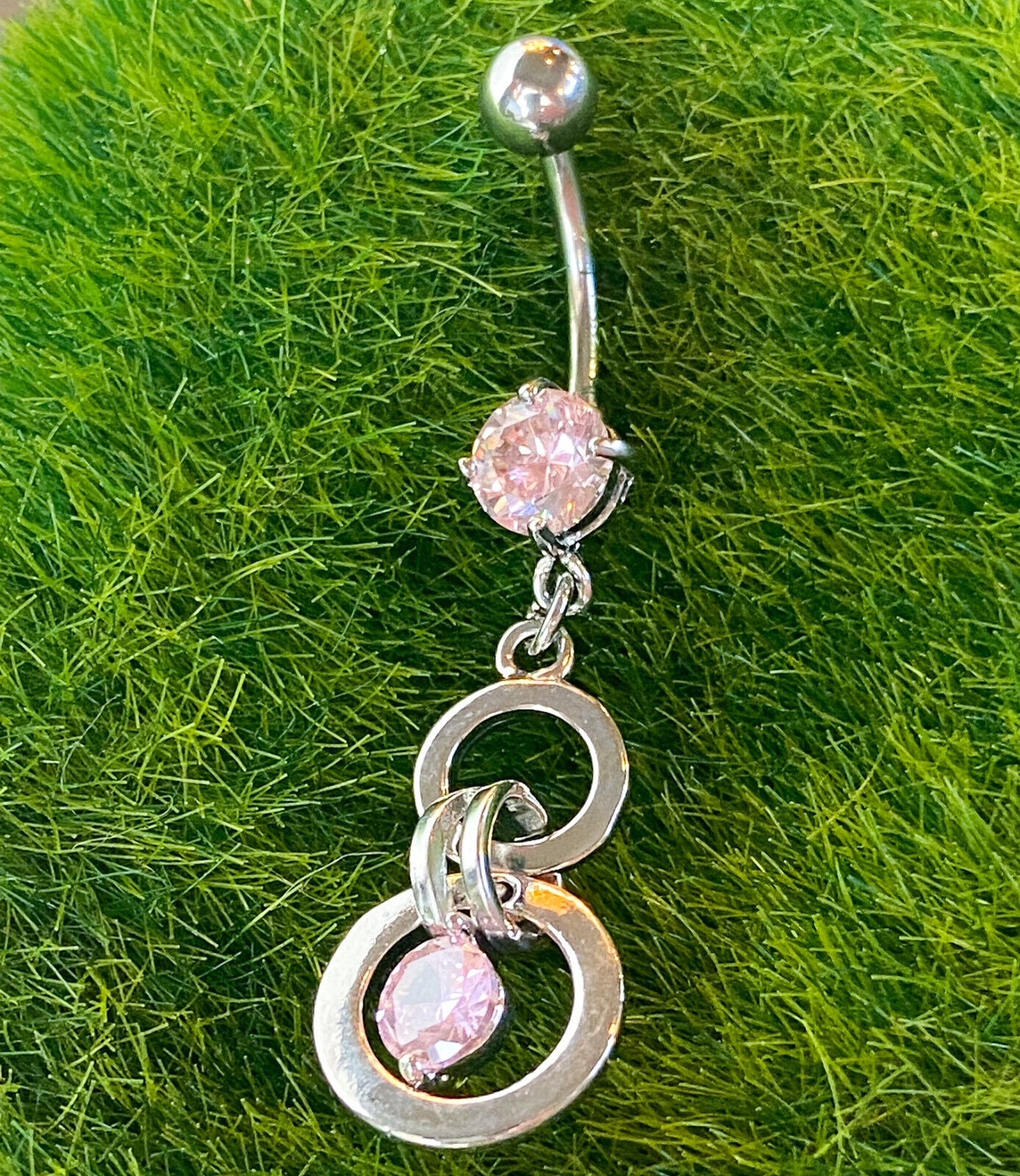Double Circle CZ Gem Dangle Belly Ring Navel Naval Clear, Pink, Aqua