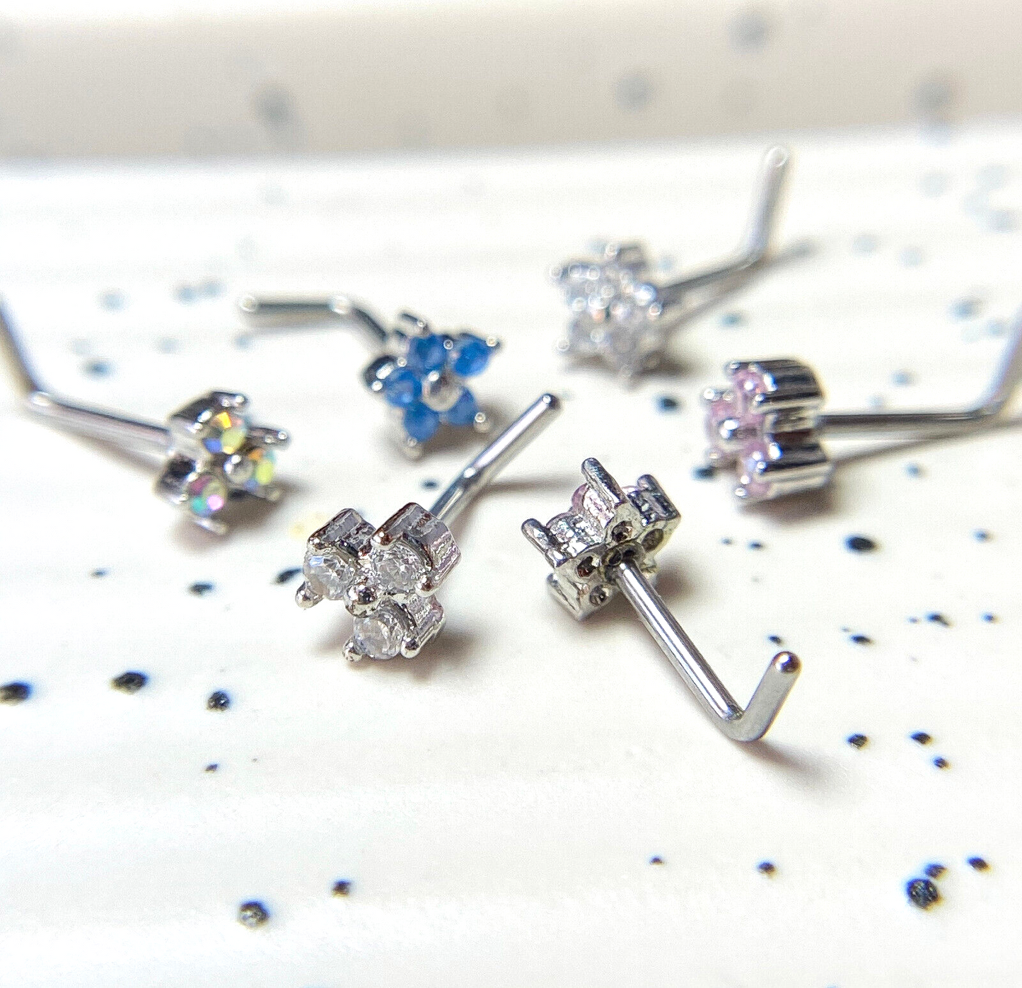 6pcs Box Set Triangle & Flower CZ Gem L-Bend Nose Stud Rings Screws 20g