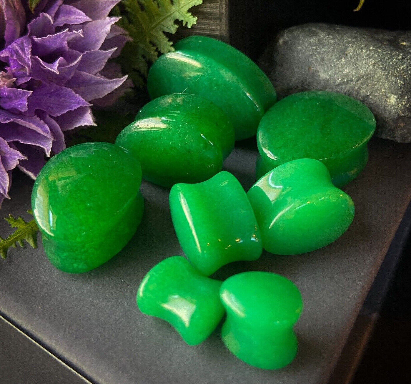 PAIR Dye Enhanced Real Green Jade Teardrop Stone Plugs Gauges Organic Piercing Body Jewelry