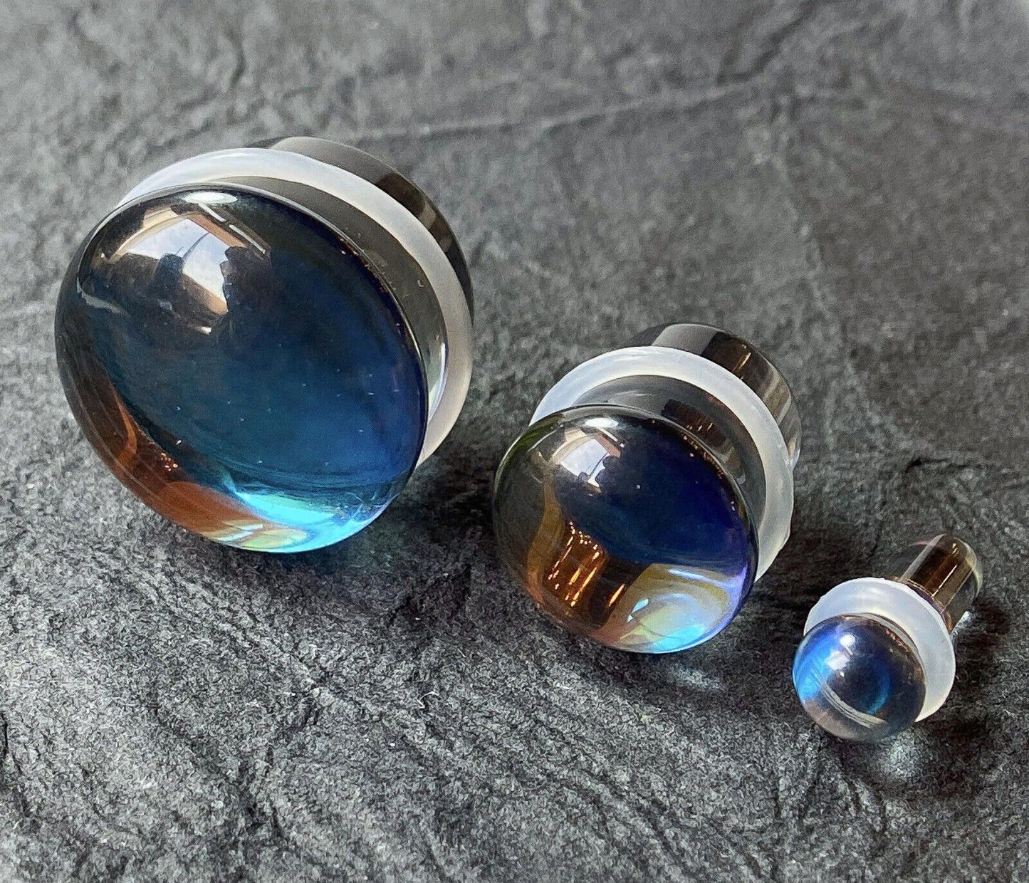 PAIR of Midnight Moonstone Glass Single Flare Plugs Tunnels Gauges Piercing Body Jewelry