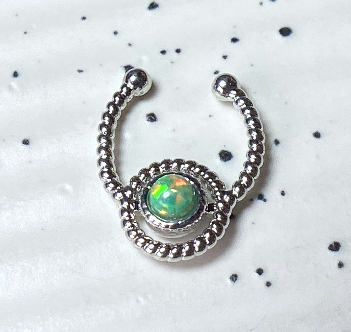 1pc NON-Piercing Silver Roped Circle Design Septum Hanger Opal Gem Fake Ring