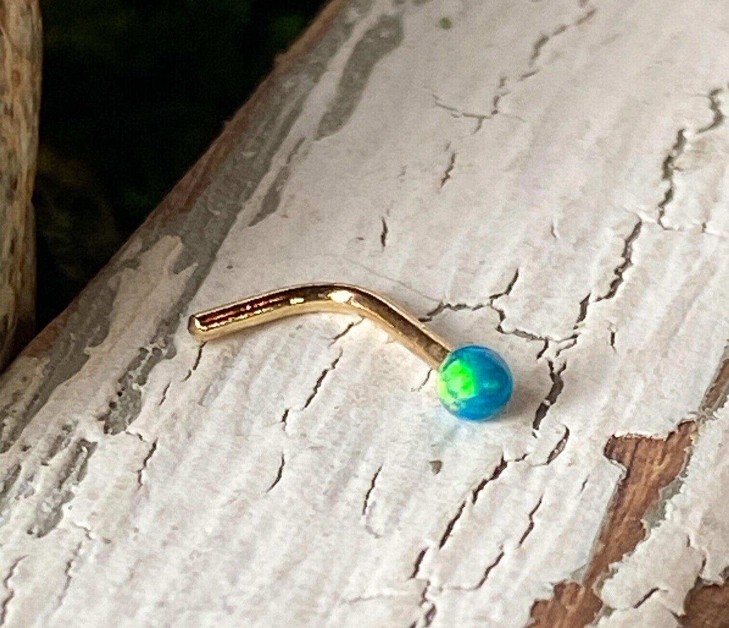 1pc 14kt Yellow Gold 20g Opal Ball L-Bend Nose Ring Nostril Piercing Stud Screw