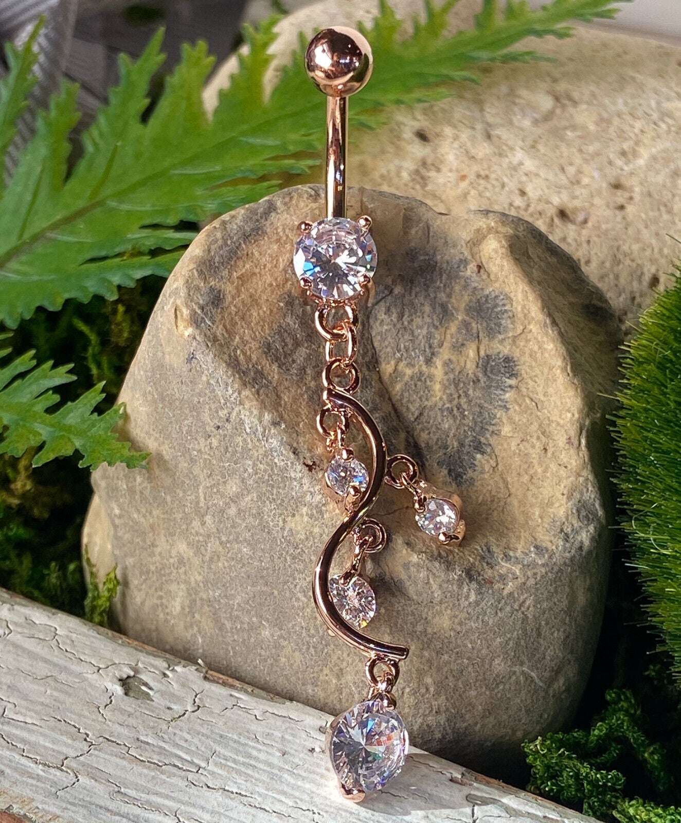 Rose Gold Plated Vine Belly Ring Pierced Navel Dangle Reverse CZ Gems