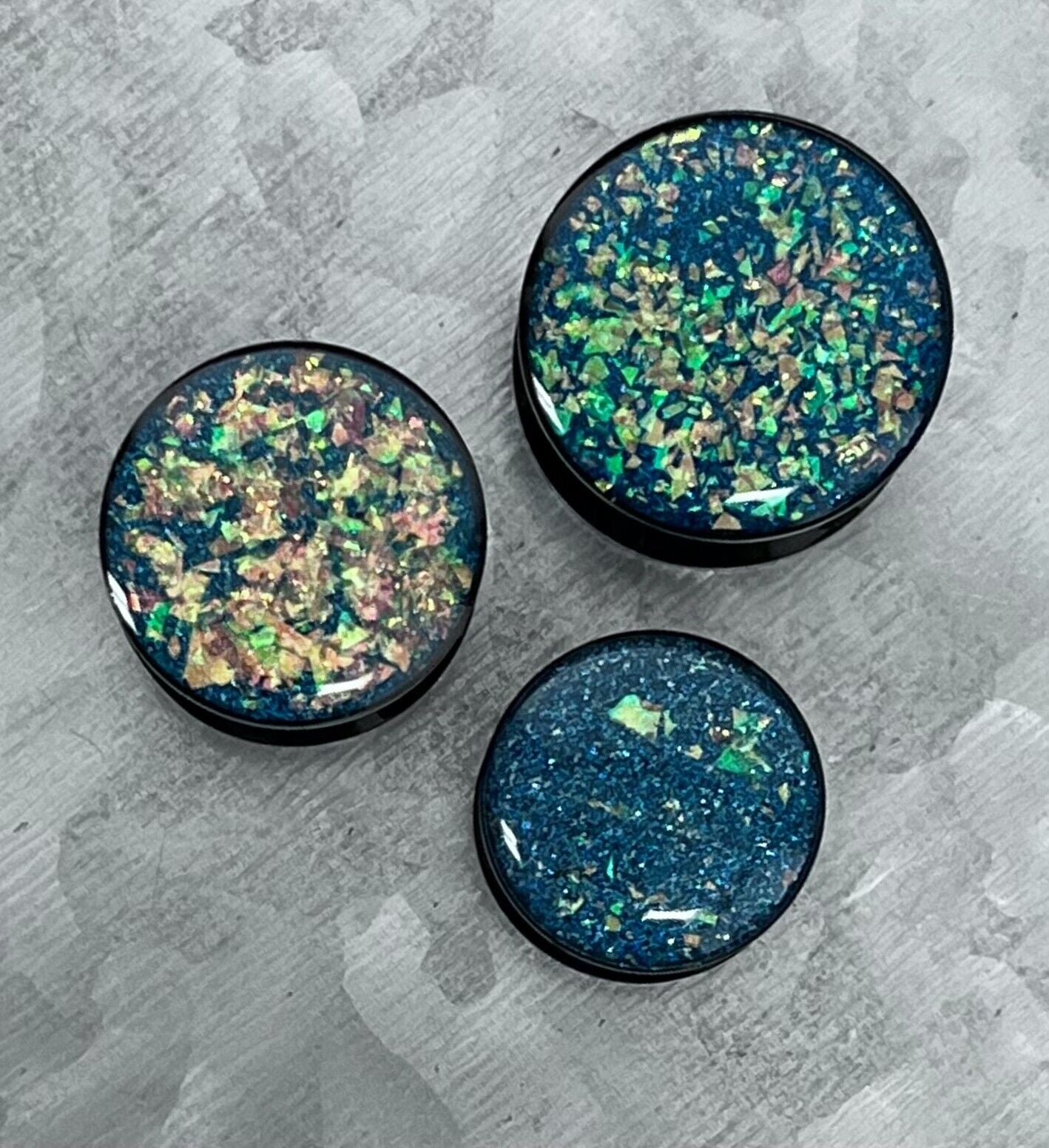 PAIR Opal Glitter Internally Threaded Black Acrylic Plugs Body Jewelry