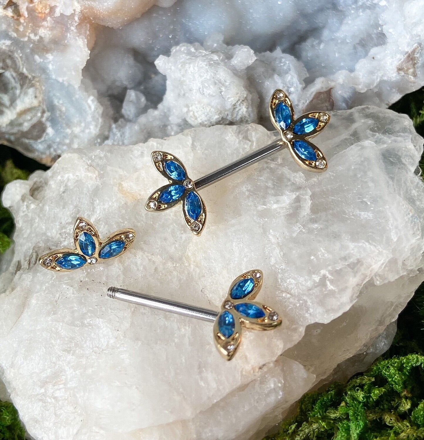 PAIR Crystal Set Three Petal Flower Ends 14g 1/2" Nipple Ring Barbells Shields