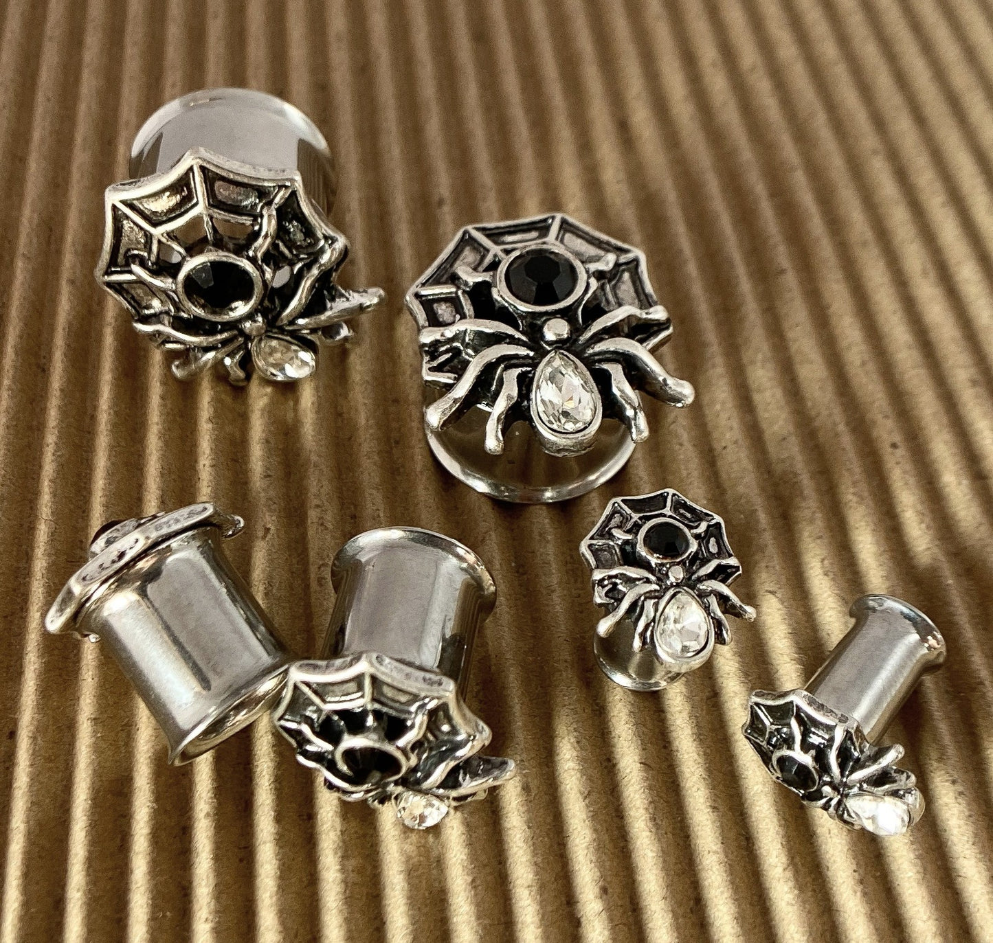 PAIR Gem Body Spider on Web Steel Double Flare Tunnels Plugs Earlet Gauges