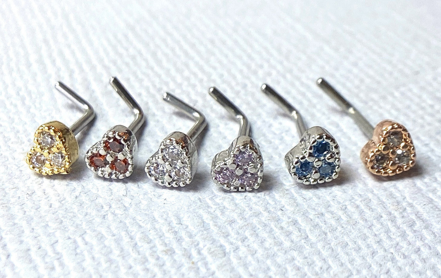 1pc CZ Gem Paved Heart L-Bend 20g Nose Ring Stud Screw 316L Surgical Steel