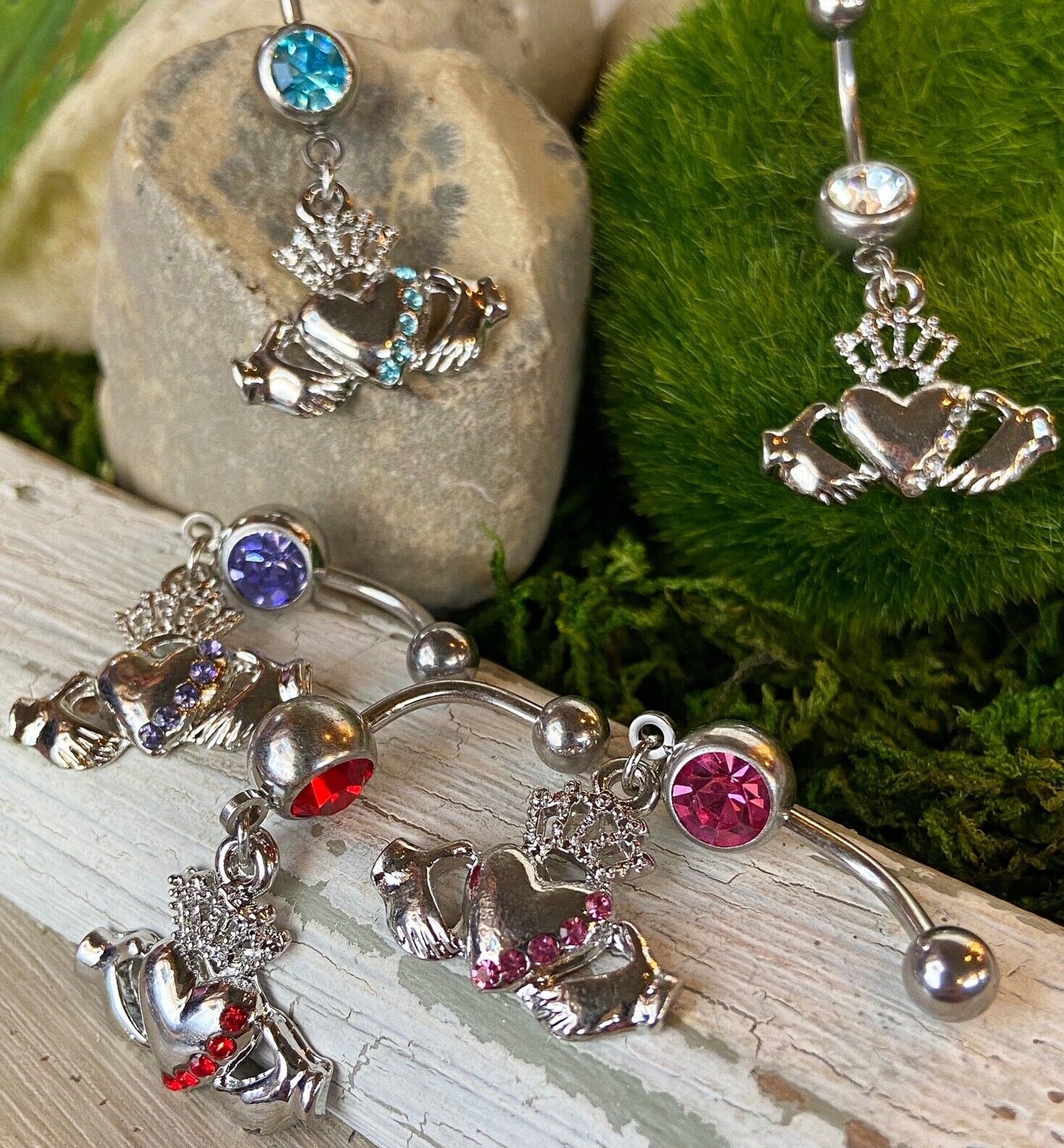 Irish Claddagh Dangle Gem Belly Ring Navel Naval Heart Crown